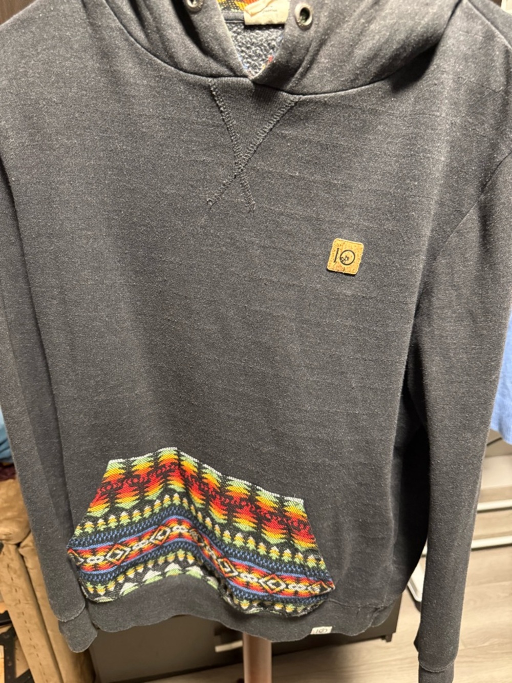 Men's Tentree Black Hoodie with Colorful Patterned Pocket